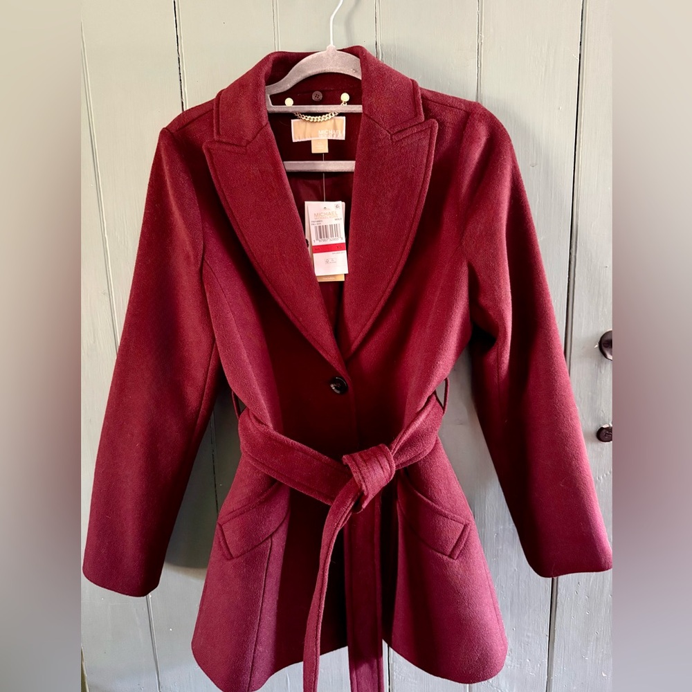 NWT Michael Kors Faux Fur Wool Blend Belted Coat - Size XS
